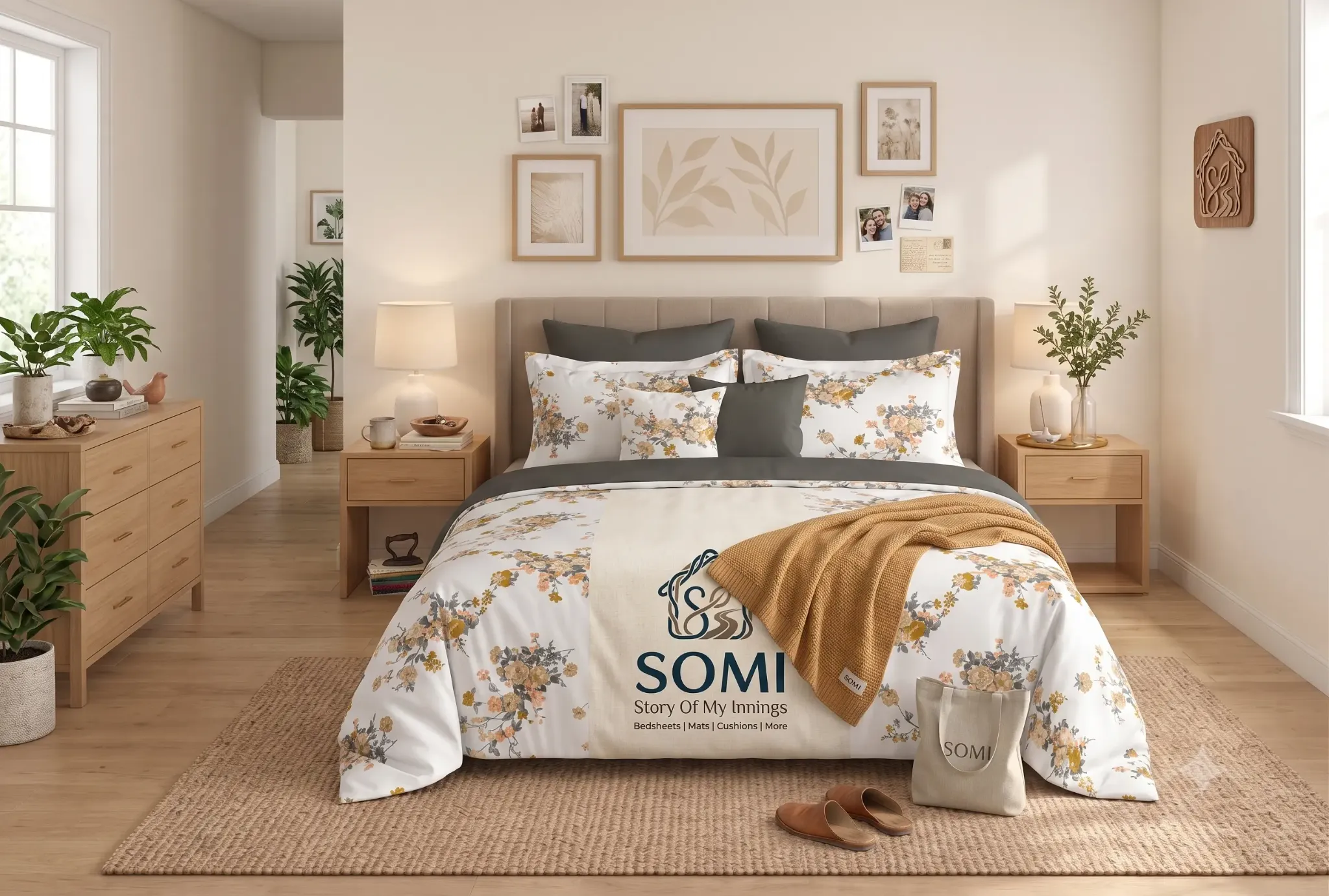 SOMI floral bedding styled in a warm, modern bedroom